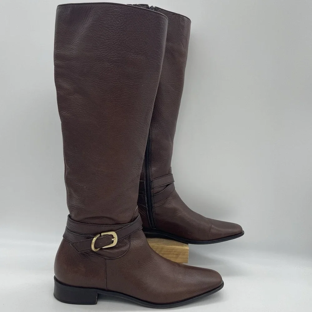 Talbots Womens 7AA Riding Boots Tall Brown Pebbled Leather Gold Buckle‎ Full Zip - Picture 2 of 16